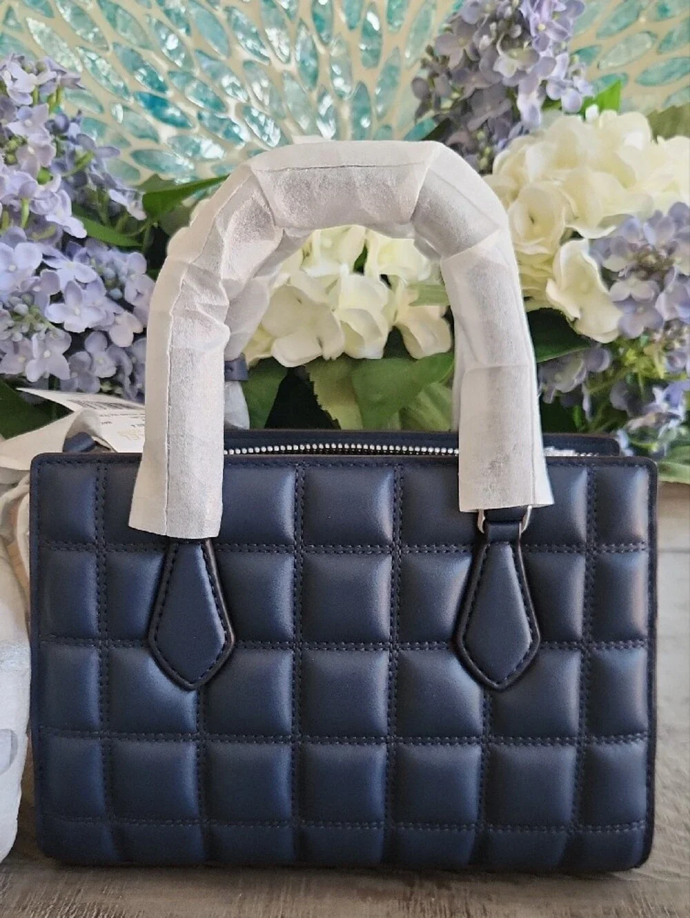 Michael Kors Navy Quilted Leather Satchel with Gold MK Charm. New!